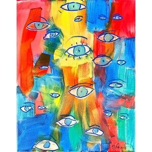 Original Signed Acrylic Surreal Eyes Painting Abstract Face Colorful Canvas Art